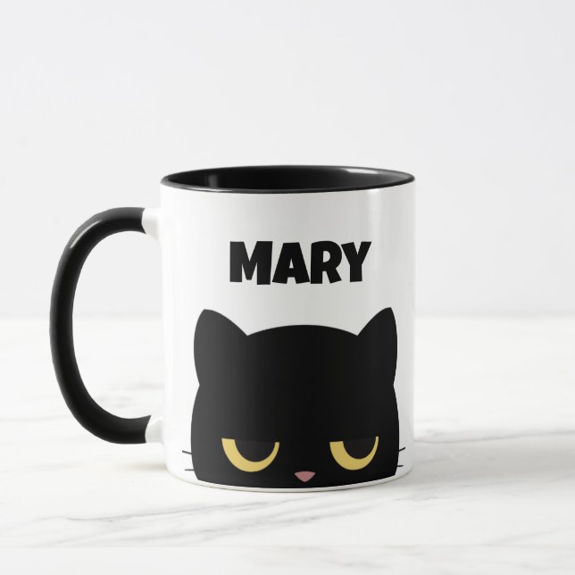 Customise Monogram and Name Script Funny Black Cat Mug (Left)
