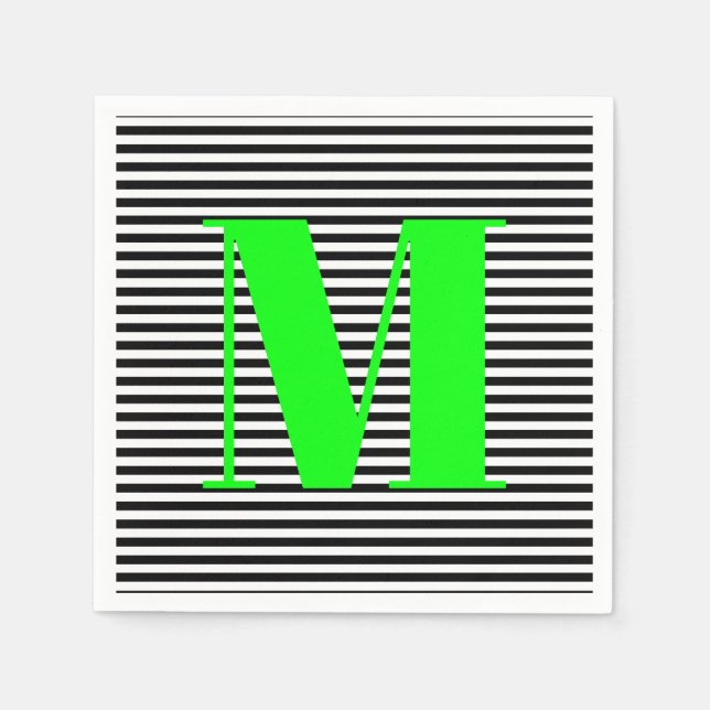 Customise monogram black white stripes neon green napkin (Front)