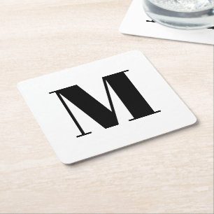 Customise monogram initial black white square paper coaster