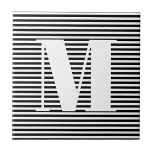 Customise monogram initial black white stripes ceramic tile