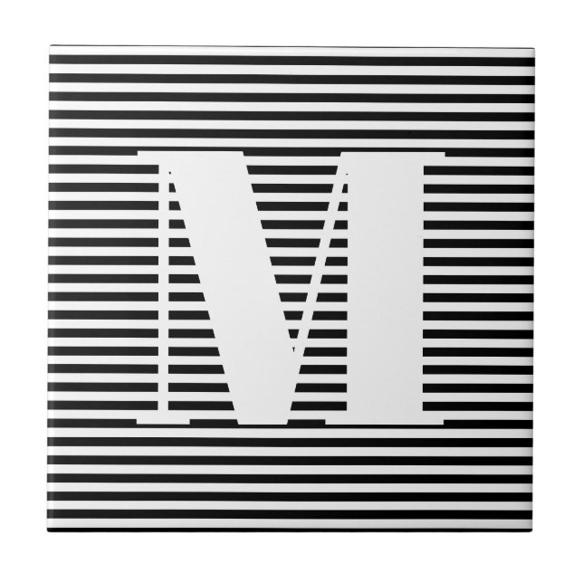 Customise monogram initial black white stripes ceramic tile (Front)