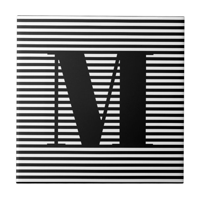 Customise monogram initial black white stripes ceramic tile (Front)