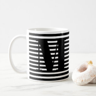 Customise monogram initial black white stripes coffee mug
