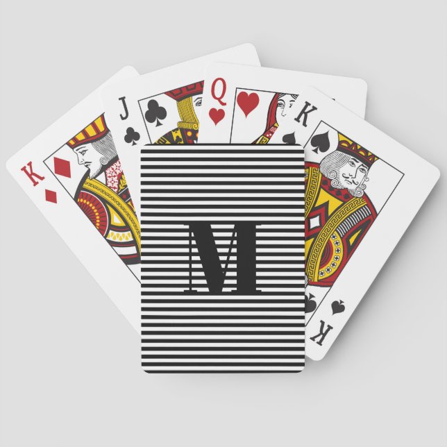 Customise monogram initial black white stripes playing cards (Back)