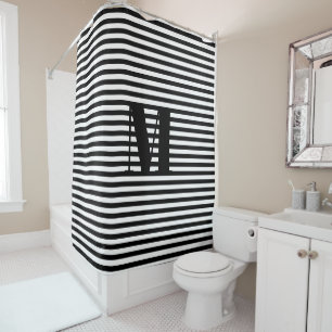 Customise monogram initial black white stripes shower curtain