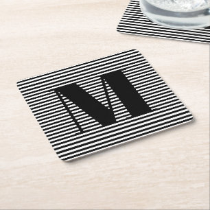 Customise monogram initial black white stripes square paper coaster