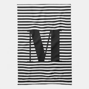 Customise monogram initial black white stripes tea towel