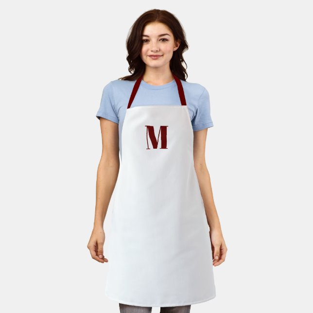 Customise monogram initial burgundy maroon white apron (Worn)