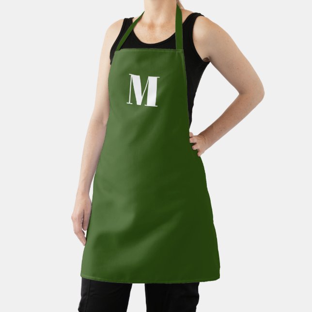 Customise monogram initial forest green white apron (Insitu)