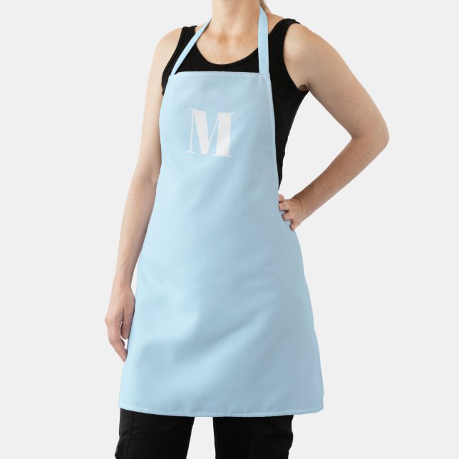 Customise monogram initial light blue white apron (Insitu)