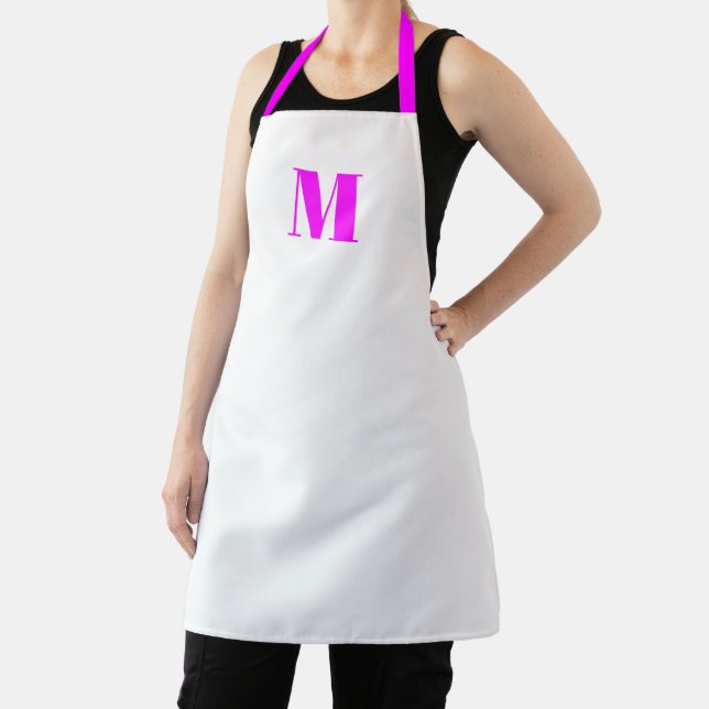 Customise monogram initial magenta pink white apron (Insitu)