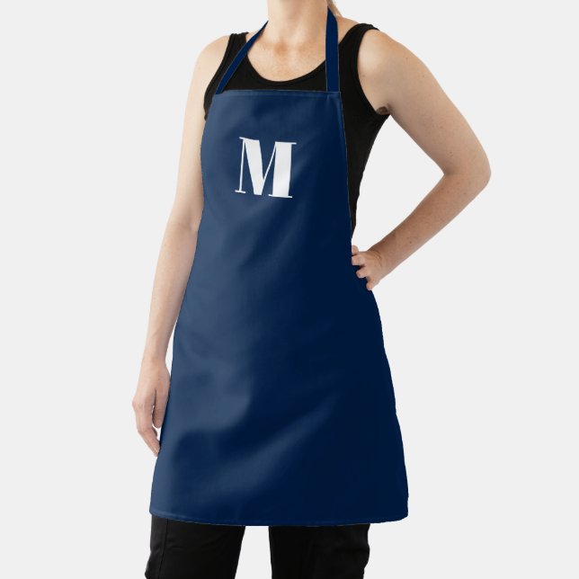 Customise monogram initial navy blue white apron (Insitu)