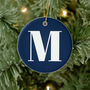 Customise monogram initial navy blue white ceramic ornament
