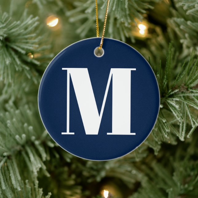 Customise monogram initial navy blue white ceramic ornament (Tree)