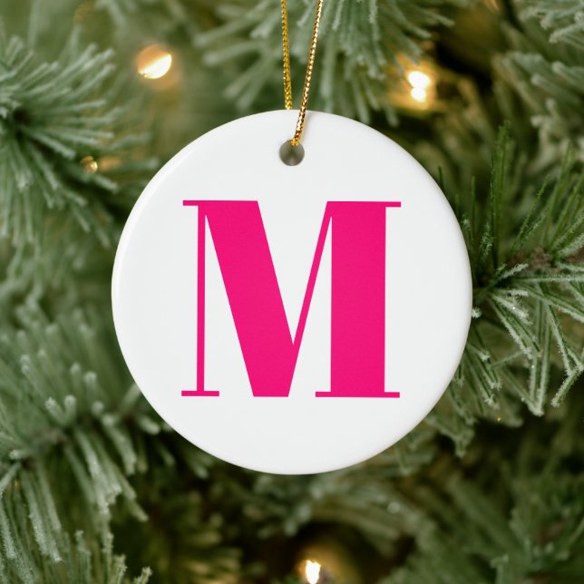 Customise monogram initial pink fuchsia Christmas Ceramic Ornament (Tree)