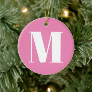 Customise monogram initial pink white Christmas Ceramic Ornament