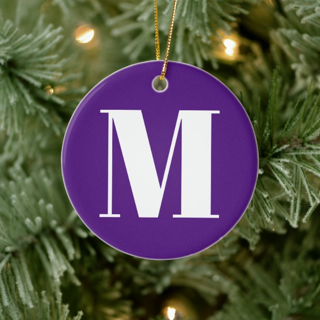 Customise monogram initial purple white Christmas Ceramic Ornament (Tree)
