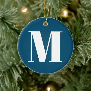 Customise monogram initial teal blue white ceramic ornament