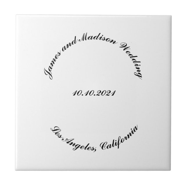 Customise Name, date black curved letters wedding Ceramic Tile (Front)