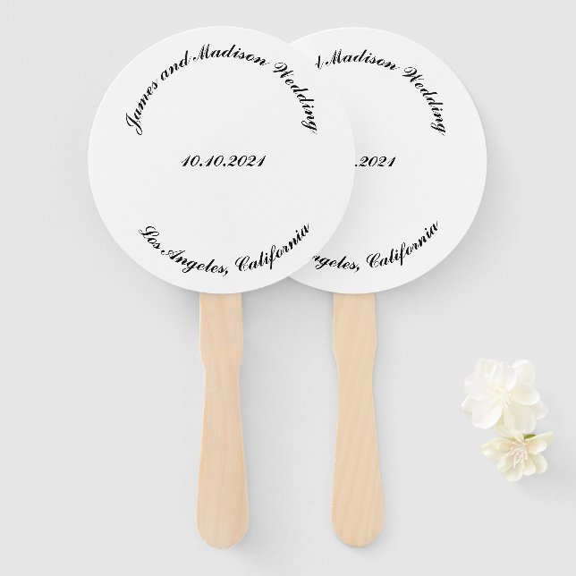 Customise Name, date black curved letters wedding Hand Fan (Front and Back)