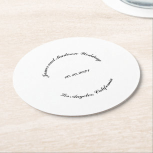 Customise Name, date black curved letters wedding Round Paper Coaster