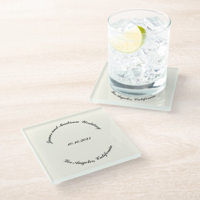 Customise Name, date black Ivory wedding favours Glass Coaster (Angled)