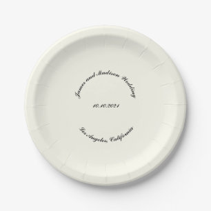 Customise Name, date black ivory wedding Paper Plate