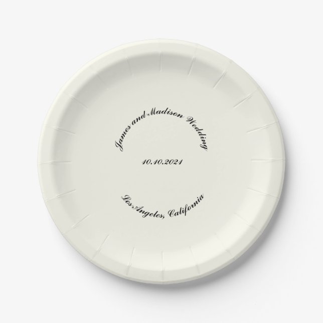 Customise Name, date black ivory wedding Paper Plate (Front)