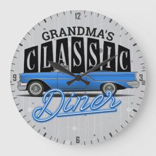 Customise NAME Faux Neon Fifties Classic Car Diner Large Clock
