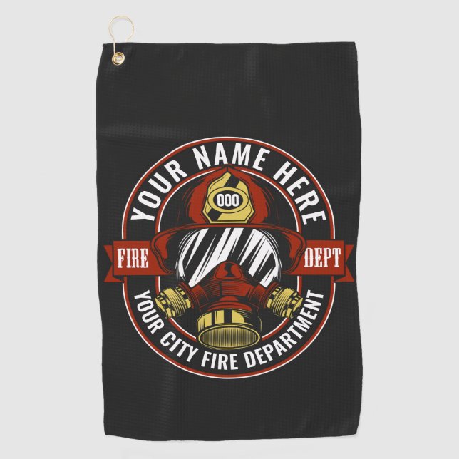Customise NAME Firefighter Helmet Mask Fire Rescue Golf Towel (Front)