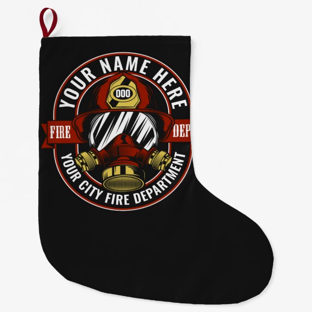Customise NAME Firefighter Helmet Mask Fire Rescue Large Christmas Stocking (Front)
