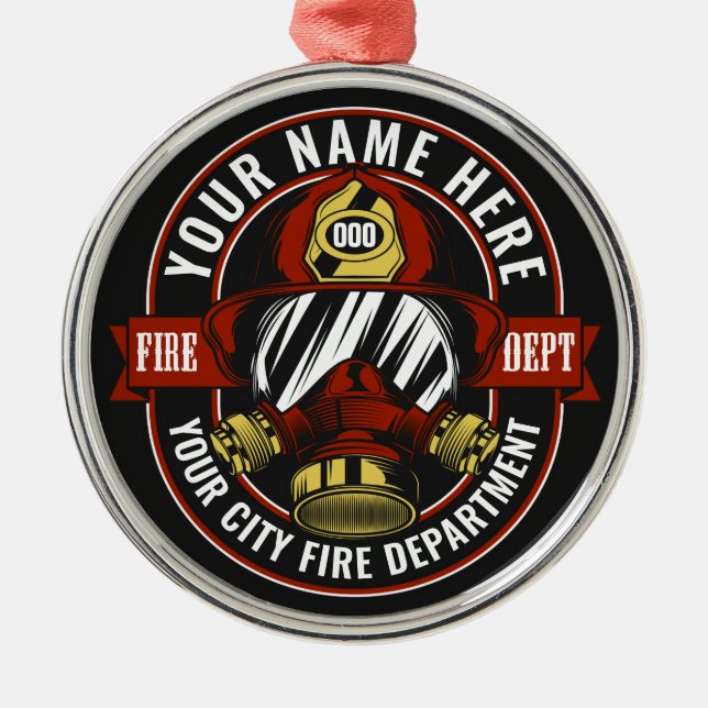 Customise NAME Firefighter Helmet Mask Fire Rescue Metal Ornament (Front)