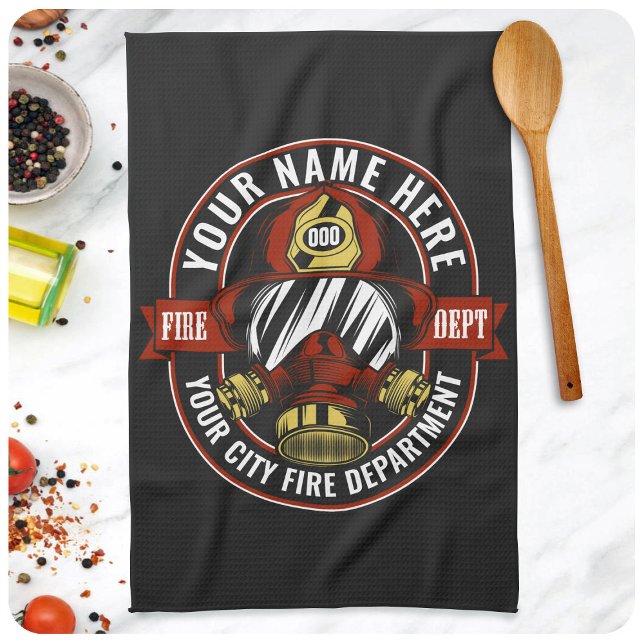 Customise NAME Firefighter Helmet Mask Fire Rescue Tea Towel (Creator Uploaded)