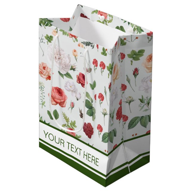 Customise Name Flower Pattern, Rose  Medium Gift Bag (Front Angled)