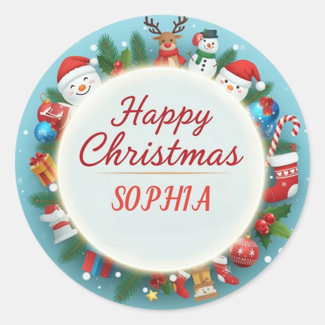 Customise Name for Happy Christmas  Classic Round Sticker (Front)