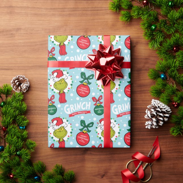 Customise Name - Grinch with Ornaments Wrapping Paper (Holiday Gift)
