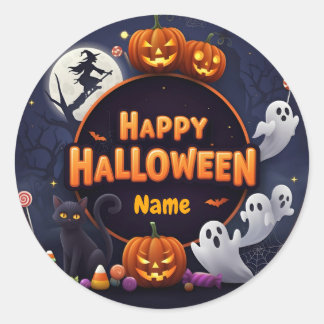 Customise Name Happy Halloween Classic Round Sticker