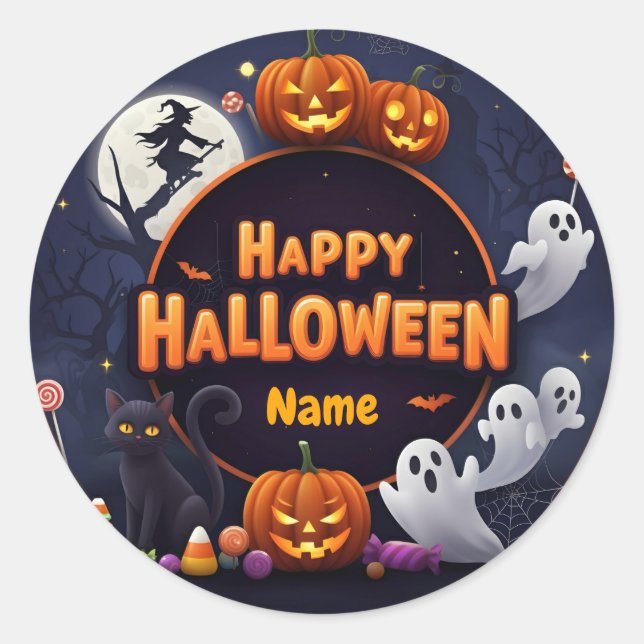 Customise Name Happy Halloween  Classic Round Sticker (Front)