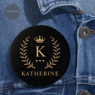 Customise Name & Initial Black White Gold Monogram 6 Cm Round Badge