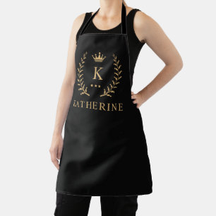 Customise Name & Initial Black White Gold Monogram Apron