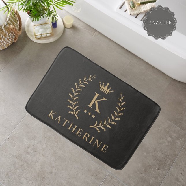 Customise Name & Initial Black White Gold Monogram Bath Mat (Customize Name & Initial Black White Gold Monogram Bath Mat)