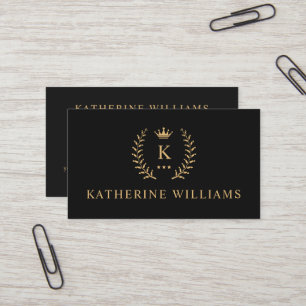 Customise Name & Initial Black White Gold Monogram Business Card