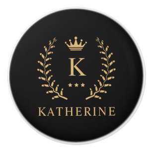 Customise Name & Initial Black White Gold Monogram Ceramic Knob