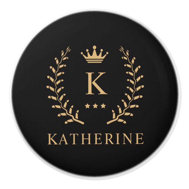 Customise Name & Initial Black White Gold Monogram Ceramic Knob (Front)