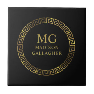 Customise Name & Initial Black White Gold Monogram Ceramic Tile