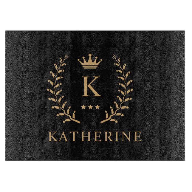 Customise Name & Initial Black White Gold Monogram Cutting Board (Front)