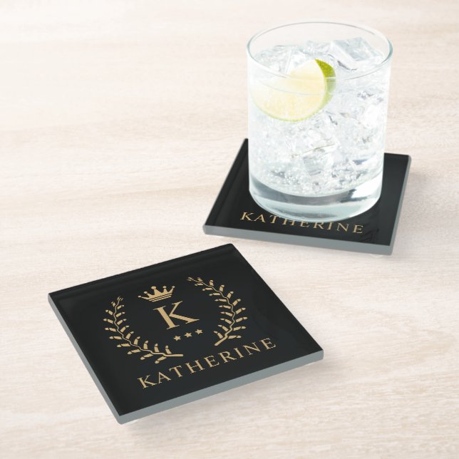 Customise Name & Initial Black White Gold Monogram Glass Coaster (Angled)