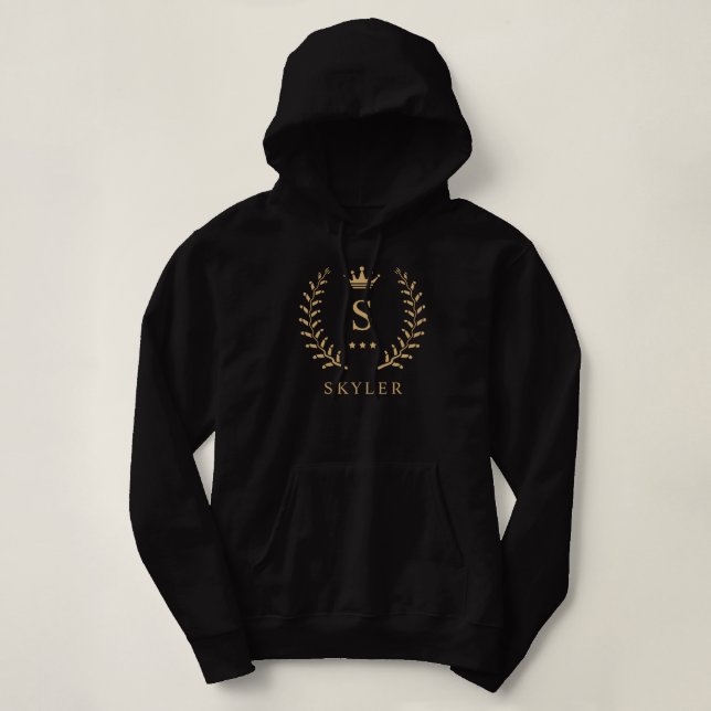 Customise Name & Initial Black White Gold Monogram Hoodie (Design Front)