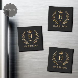 Customise Name & Initial Black White Gold Monogram Magnet