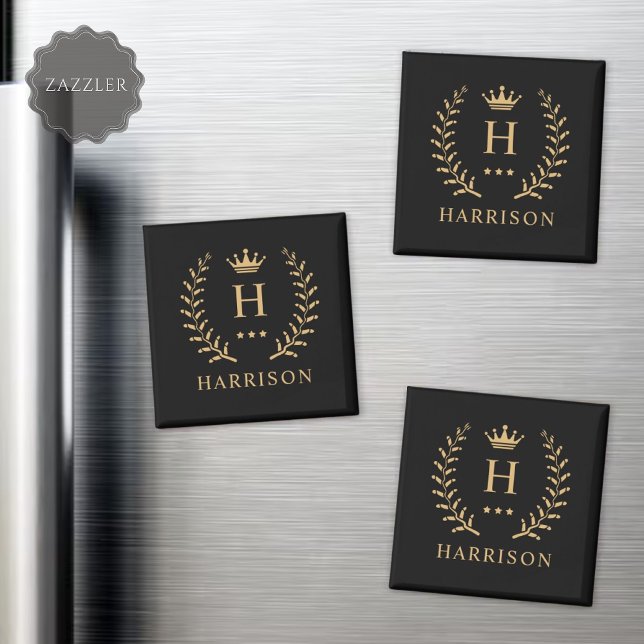 Customise Name & Initial Black White Gold Monogram Magnet (Customize Name & Initial Black White Gold Monogram Magnet)